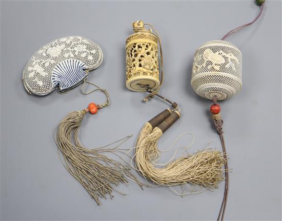 Two 19th century Chinese ivory pomanders and a similar purse